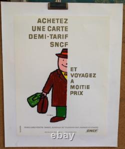 Affiche originale ancienne Savignac SNCF Voyagez à moitié prix /RS1