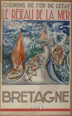 Affiche originale ancienne chemin de fer Bretagne 1937 la mer rarissime