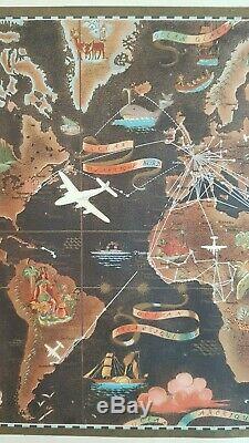 Affiche publicitaire ancienne Planisphère Air France Lucien Boucher 1948