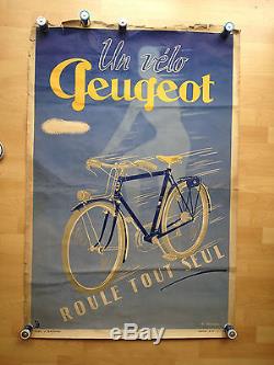 Ancienne Affiche Publicitaire un Vélo PEUGEOT roule tout seul. LOURDIN 1950
