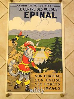 Ancienne affiche Chemin de fer de l'Est Epinal Vosges Chat botté Bottes 7 lieues