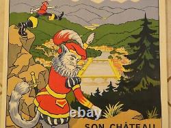 Ancienne affiche Chemin de fer de l'Est Epinal Vosges Chat botté Bottes 7 lieues