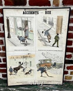 Ancienne affiche carte Deyrolle Accidents Rue pédagogique
