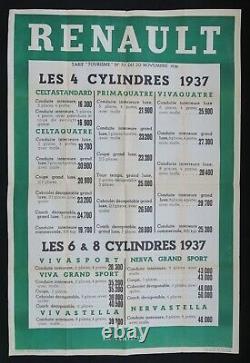 Ancienne affiche concession RENAULT 4 6 8 CYLINDRES 1937 80x120 old poster