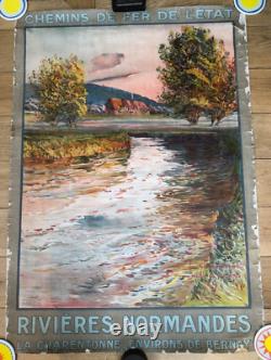 Ancienne affiche entoilée Chemins de Fer de l'Etat Rivières Normandes Bernay
