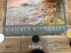 Ancienne affiche entoilée Chemins de Fer de l'Etat Rivières Normandes Bernay