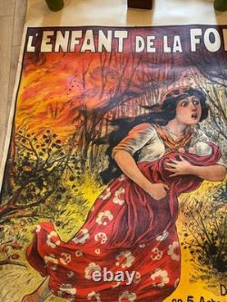 Ancienne affiche originale entoilée de théâtre l'enfant de la folle vers 1900