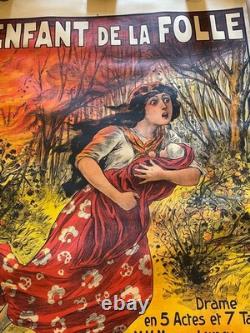 Ancienne affiche originale entoilée de théâtre l'enfant de la folle vers 1900