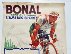 Ancienne affiche publicitaire apéritif gentiane quina Bonal 1950 cycliste