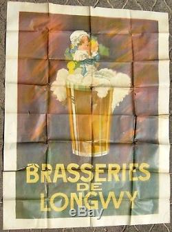Ancienne affiche publicitaire lithographique Bière Brasseries de LONGWY rare