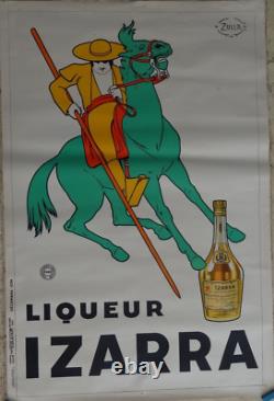 Belle Ancienne Affiche Originale Liqueur Izarra Zulla 1934 Picador à Cheval 2