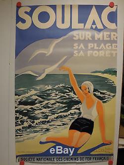 Belle affiche ancienne Soulac tourisme bord de mer SNCF par Salin
