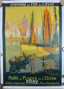 Belle affiche litho entoilee Ports et Plages de l'océan par Lacaze 1914