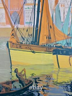 Belle affiche litho entoilee Ports et Plages de l'océan par Lacaze 1914