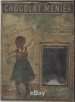 CHOCOLAT MENIER Panneau-cadre miroir en tôle estampée et imprimée 1895 30x40cm