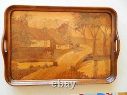 Grand plateau noyer marquetterie (Nancy) dim. 45 x 63 cm. Signé