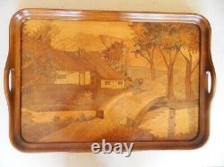 Grand plateau noyer marquetterie (Nancy) dim. 45 x 63 cm. Signé