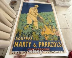 Grande affiche ancienne SOUFRES MARTY & PARAZOLS Carcassonne 141x97 lithographie