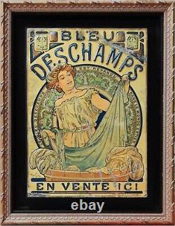 Mucha Bleu Deschamps Rare Plaqueancienne Lithographie Publictaire