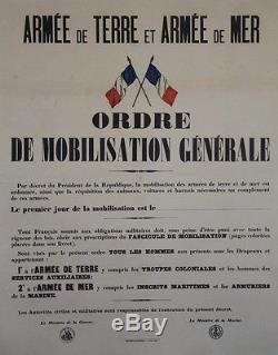 ORDRE DE MOBILISATION GENERALE (GUERRE 1914-1918) Affiche originale entoilée