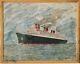 Paquebot Normandie Tableau Gouache 50x40cm 1935 Encadré 67x57cm