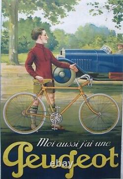 PEUGEOT ancienne affiche litho originale entoilée Automobile Auto Vélo