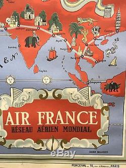 Planisphere Carte Air France Lucien Boucher 1948 Lithographie
