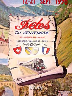 Petite affiche fête du centenaire ligne LAUSANNE- VALLORBE PARIS 1970 SNCF