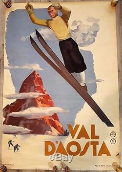 RARE ANCIENNE AFFICHE GINO BOCCASILE VAL D'AOSTA 1930 SKI 94 cm x 64 cm