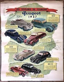 Rare Affiche ancienne Automobile Garage original Peugeot Modèle 1937 Double Face