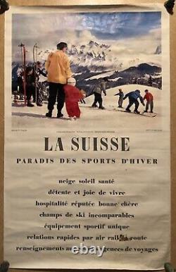Rare Ancienne Affiche Suisse Paradis Des Sports D'hiver Montagne Ski Vintage