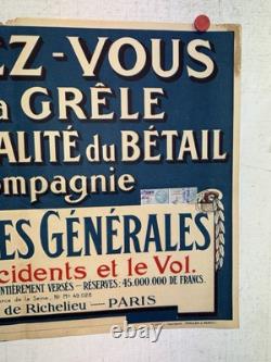 Rare affiche ancienne Assurance Agricole Grêle Mortalité Bétail 1923