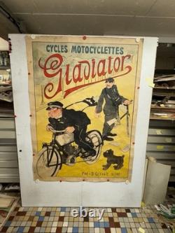 Rare affiche ancienne Moto Cycle Gladiator Début 1900 Collé Sur Papier Kraft