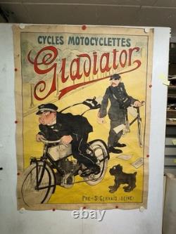 Rare affiche ancienne Moto Cycle Gladiator Début 1900 Collé Sur Papier Kraft