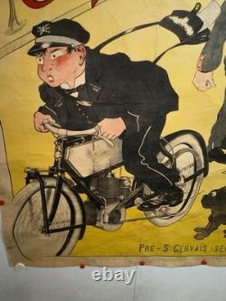 Rare affiche ancienne Moto Cycle Gladiator Début 1900 Collé Sur Papier Kraft