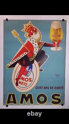 Rare affiche ancienne biere Amos roi au verre à bière