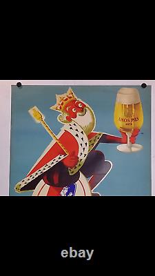 Rare affiche ancienne biere Amos roi au verre à bière