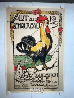 Rare affiche ancienne coq 1919 renouveau agricole Belgique par Cretem