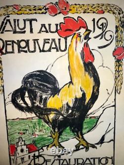 Rare affiche ancienne coq 1919 renouveau agricole Belgique par Cretem