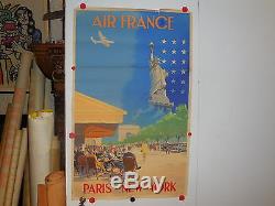 Rare et belle affiche ancienne Air France Paris New York statue de la libertee