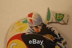 Rare publicité BP Moto course affiche sur panneau bois année 60 signé Vanne