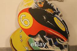 Rare publicité BP Moto course affiche sur panneau bois année 60 signé Vanne