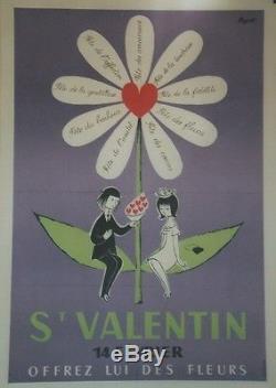 St VALENTIN Affiche originale entoilée Offset années 60 PEYNET 44x64cm
