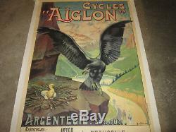 Vélo veritable ancien affiche litho entoilée marque AIGLON 1910 BON ETAT